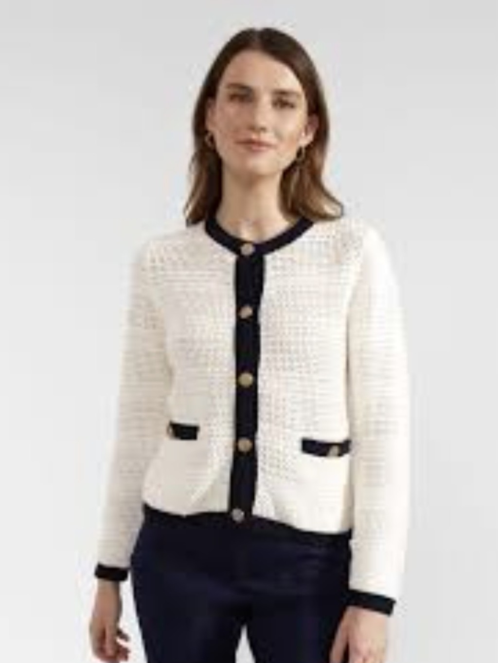 Hobbs 100% Cotton Cream & Black Knit Lady Jacket Cardigan